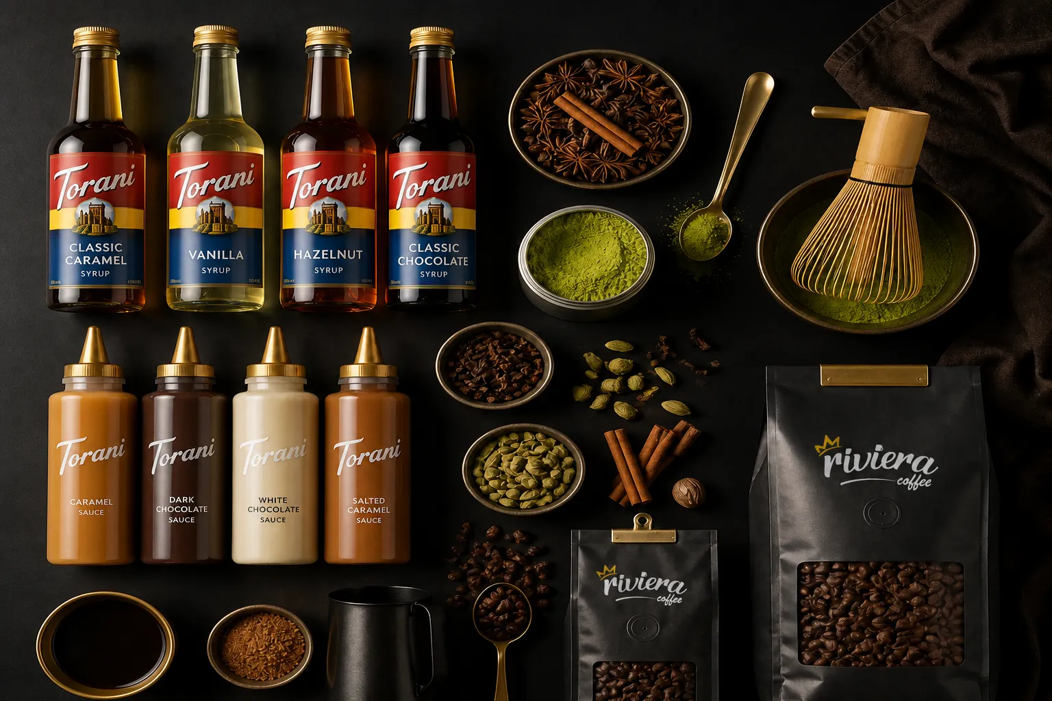 Torani syrups and Riviera Coffee branded wholesale coffee bags